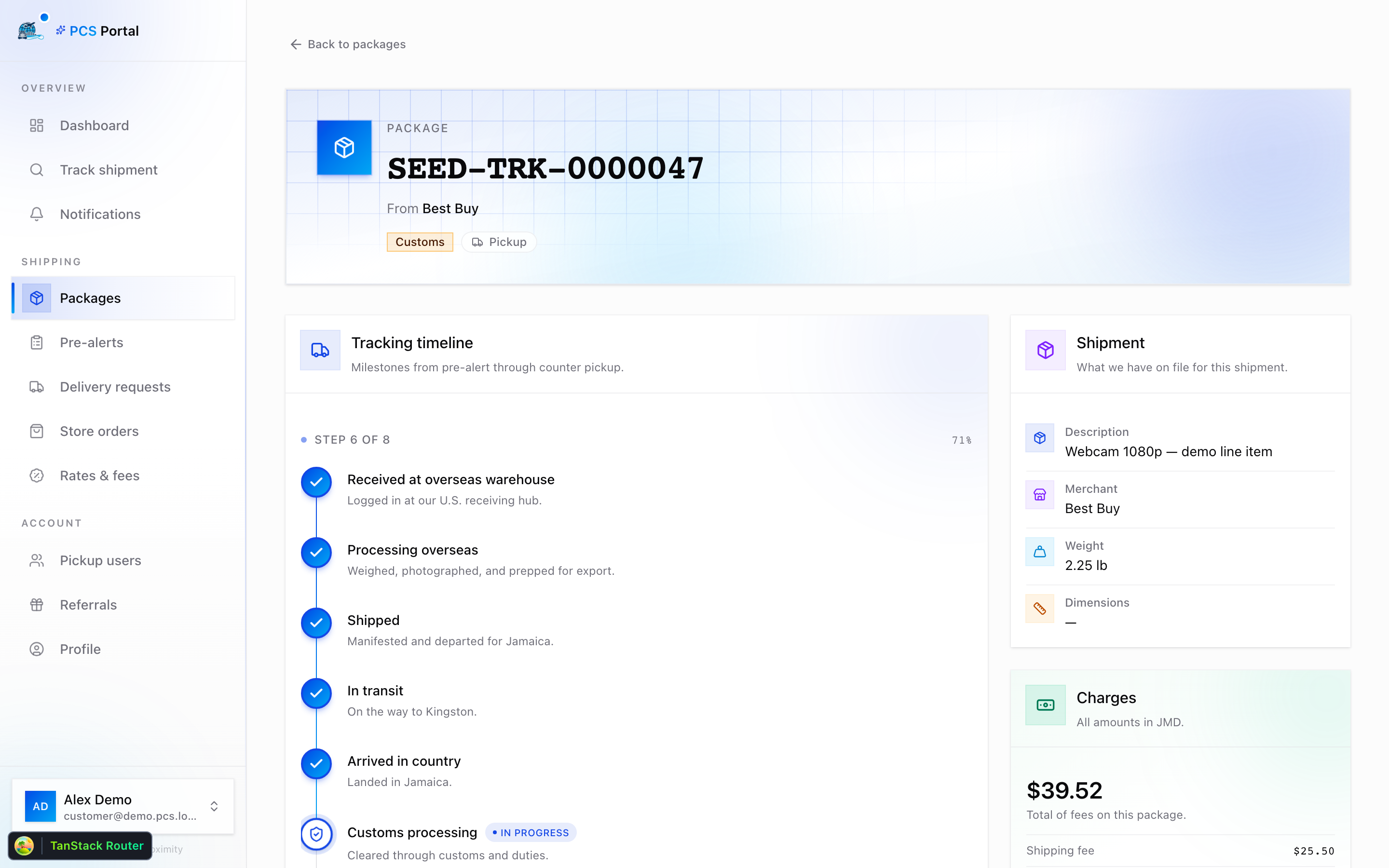Portal package detail with animated lifecycle timeline and status chips