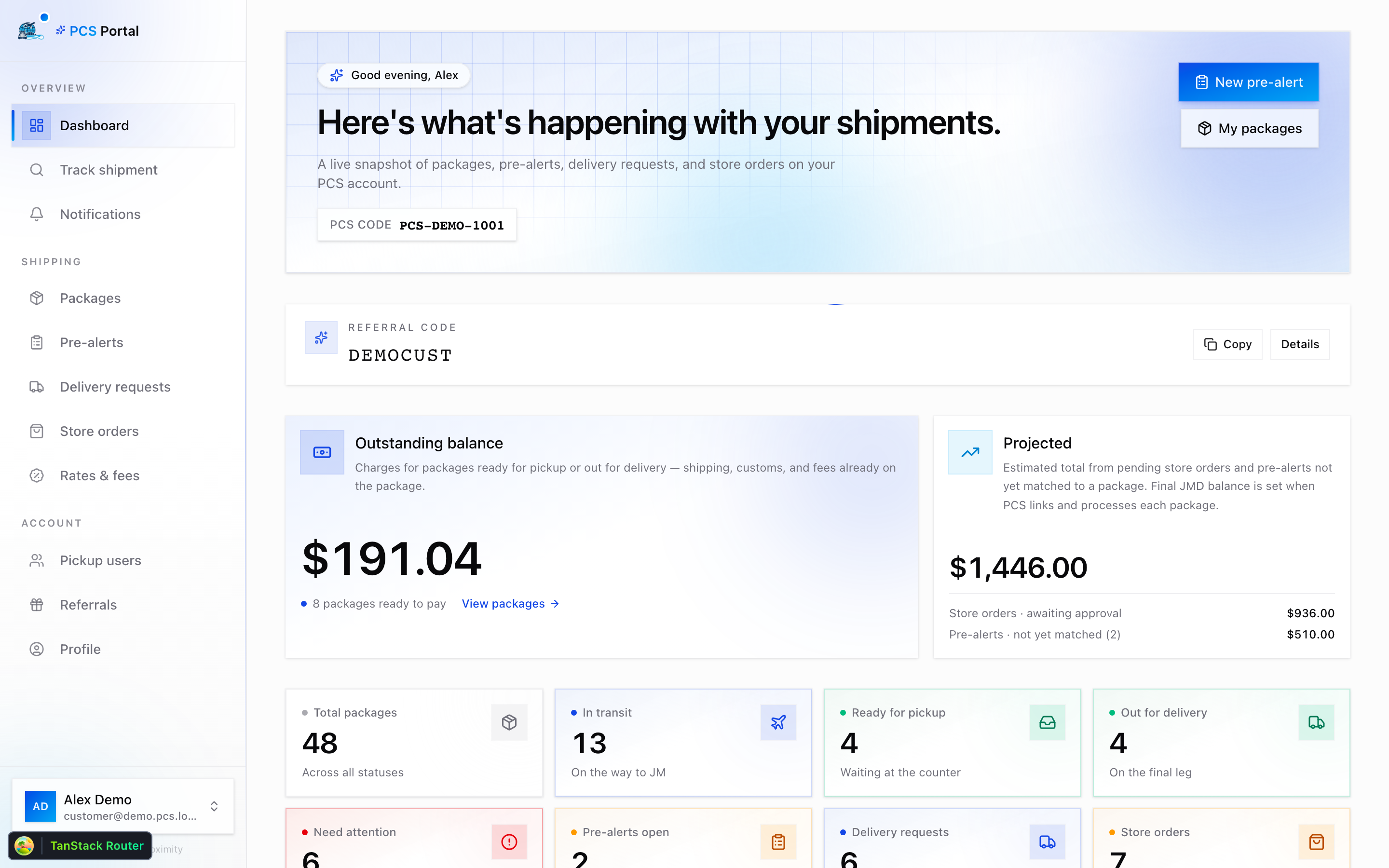 Customer portal dashboard with shipping address cards, balance stats, and grouped sidebar navigation